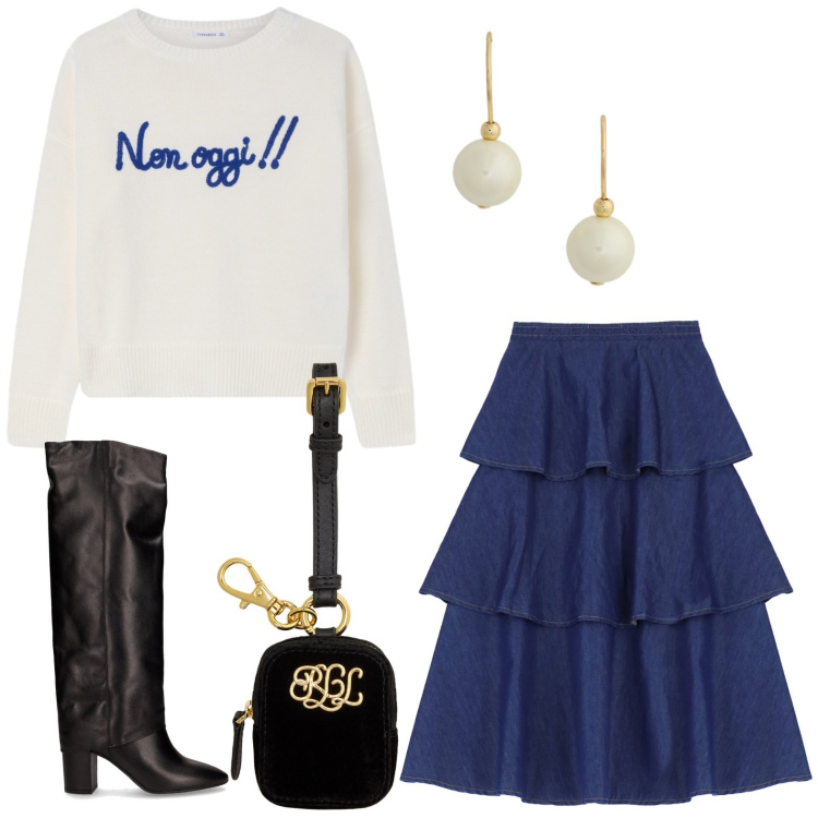 Outfit donna - Morbidezza e balze. Stile Rock per Ufficio. Abbinamento con maglieria, gonne lunghe, pochette, orecchini, stivali.