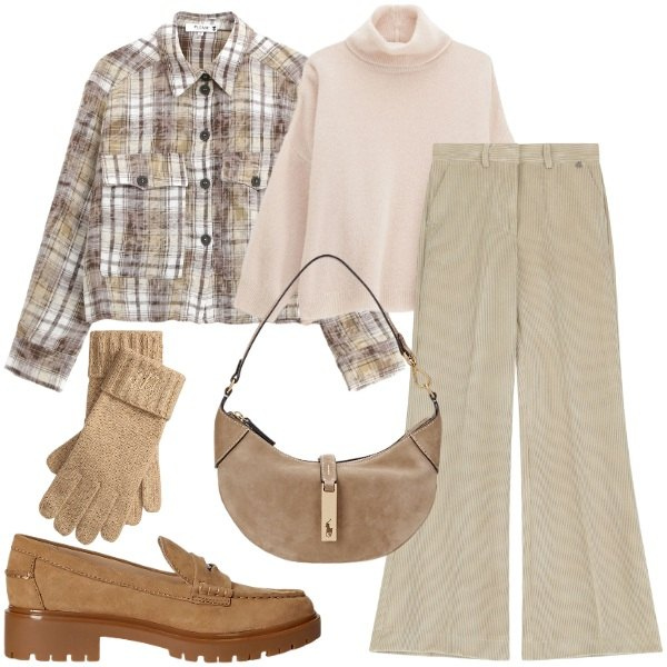 Outfit donna - Inizia il freddo. Stile Casual chic per Tutti i giorni. Abbinamento con camicie, maglieria, pantaloni a palazzo, borse a spalla, mocassini, guanti.
