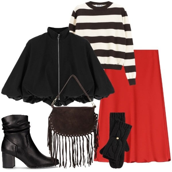 Outfit donna - Inizia il freddo. Stile Trendy per Tutti i giorni. Abbinamento con pullovers, bomber, borse a tracolla, gonne longuette, guanti, stivaletti.