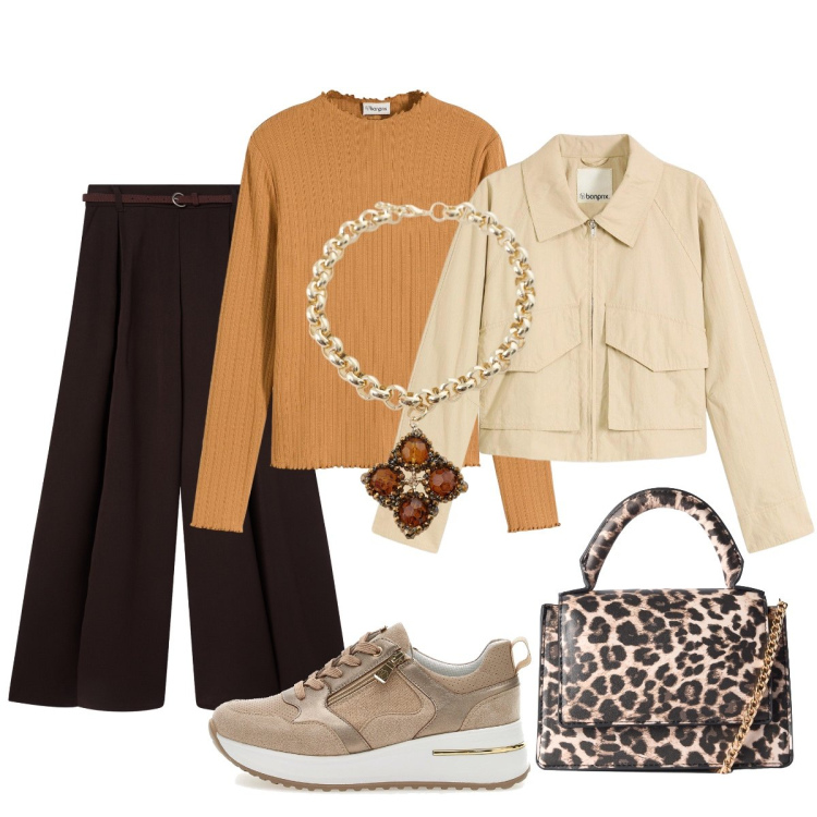 Outfit donna - Autunno magico…. Stile Glamour per Tutti i giorni. Abbinamento con trench, maglieria, borse a tracolla, pantaloni, collane, scarpe stringate.