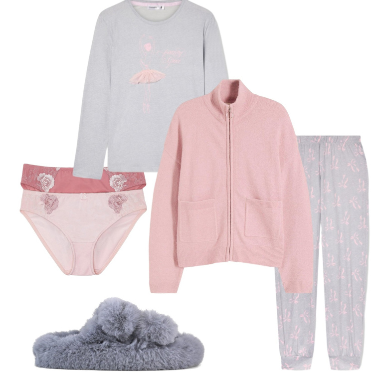 Outfit donna - Outfit della sera. Stile Casual per Tutti i giorni. Abbinamento con culotte, cardigans, pigiama, ciabatte.