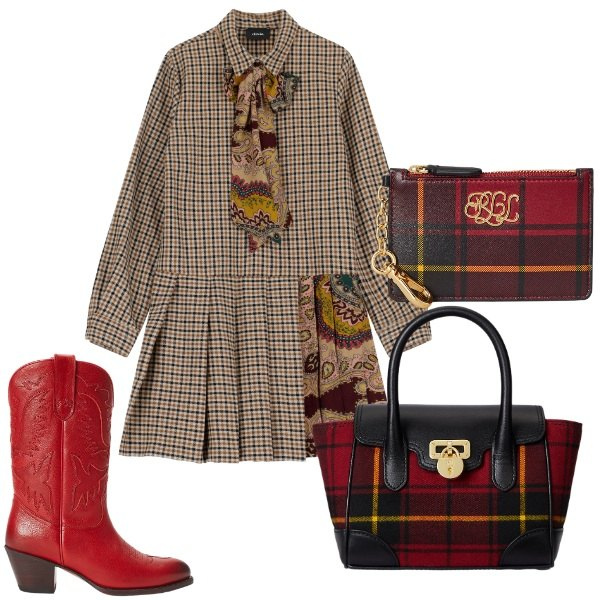Outfit donna - Autunno in rosso - FDCI. Stile Etnico per Tutti i giorni. Abbinamento con vestiti, stivali, portafogli, borse a mano.