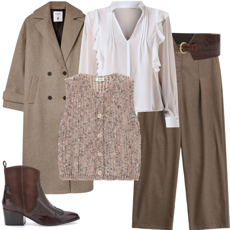 Outfit donna - La blusa romantica. Stile Casual chic per Ufficio. Abbinamento con cappotti, pantaloni, gilet, bluse, cinture, stivaletti texani.