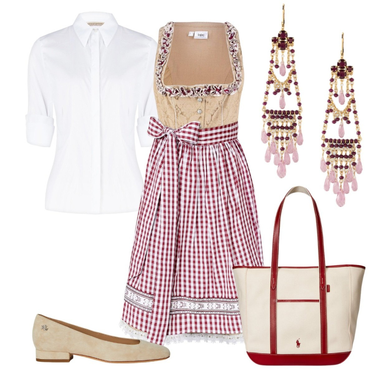 Outfit donna - Festa a tema. Stile Basic per Tutti i giorni. Abbinamento con vestiti midi/longuette, camicie, borse tote, ballerine, orecchini.