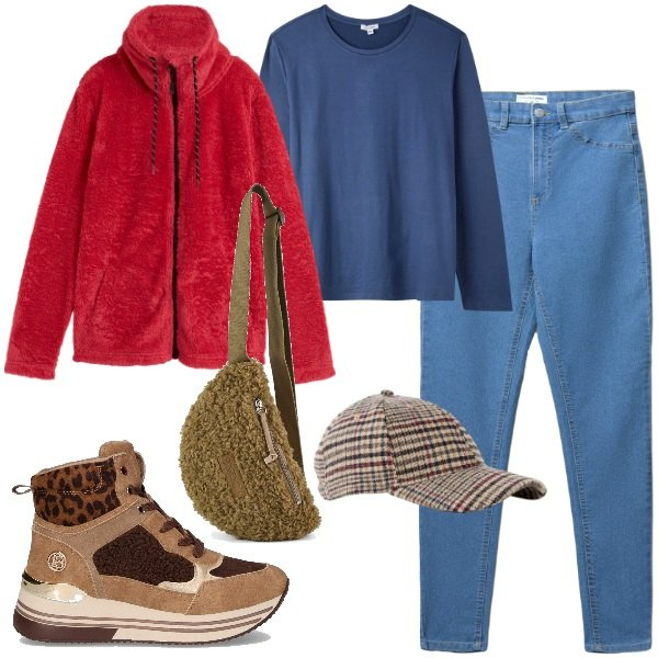 Outfit donna - Autunno in rosso - FDCI. Stile Sporty chic per Sport. Abbinamento con cappelli con visiera, blazer, t-shirt, jeggings, marsupi, sneakers alte.