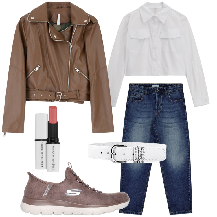 Outfit donna - Ottobre. Stile Casual per Tutti i giorni. Abbinamento con cinture, rossetti, giacche, camicie, jeans, sneakers.