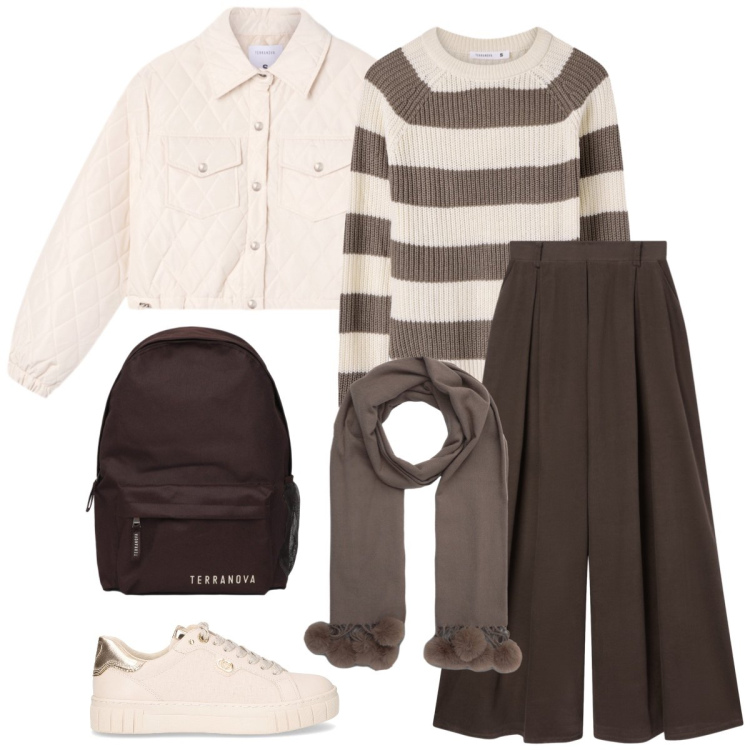 Outfit donna - Università. Stile Sporty chic per Scuola/Università. Abbinamento con maglieria, sciarpe, pantaloni, zaini, giacche, sneakers.