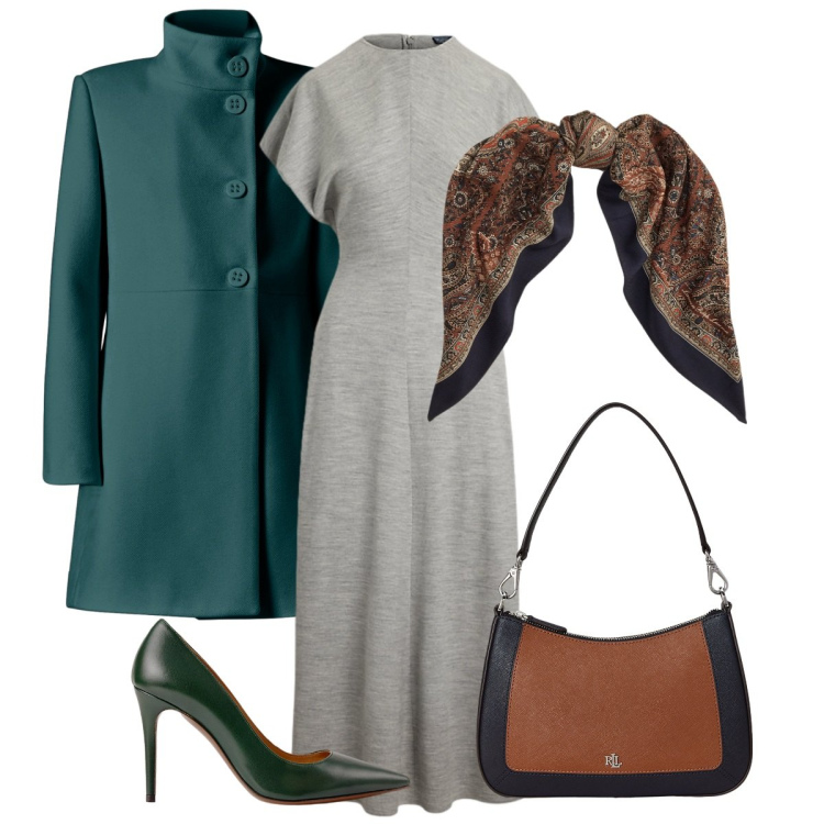 Outfit donna - Cena di lavoro. Stile Bon Ton per Ufficio. Abbinamento con cappotti, décolleté, vestiti, borse a spalla, foulard.