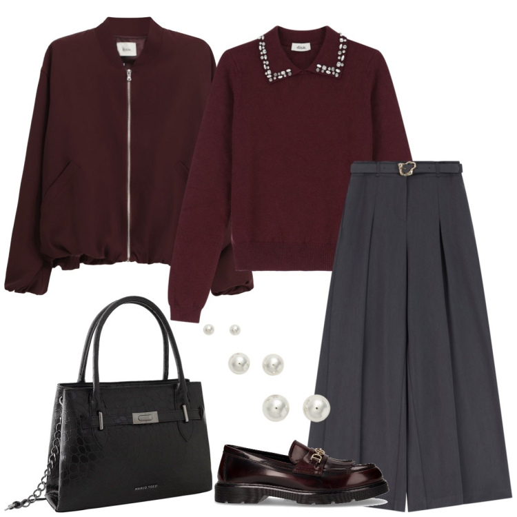 Outfit donna - Ufficio. Stile Bon Ton per Ufficio. Abbinamento con borse a mano, pantaloni, bomber, maglieria, orecchini, mocassini.