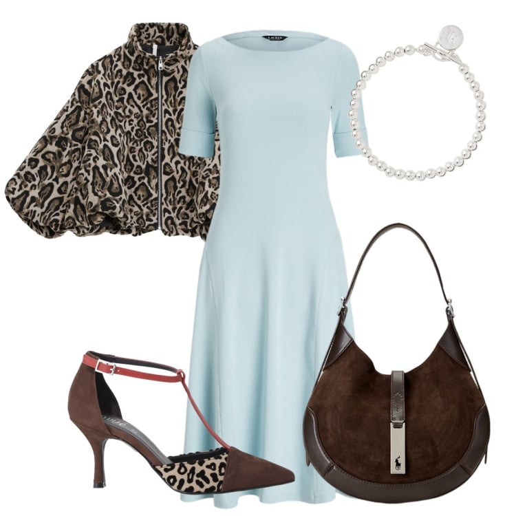 Outfit donna - L\'abito azzurro. Stile Basic per Tutti i giorni. Abbinamento con bomber, décolleté, vestiti, braccialetti, borse a spalla.