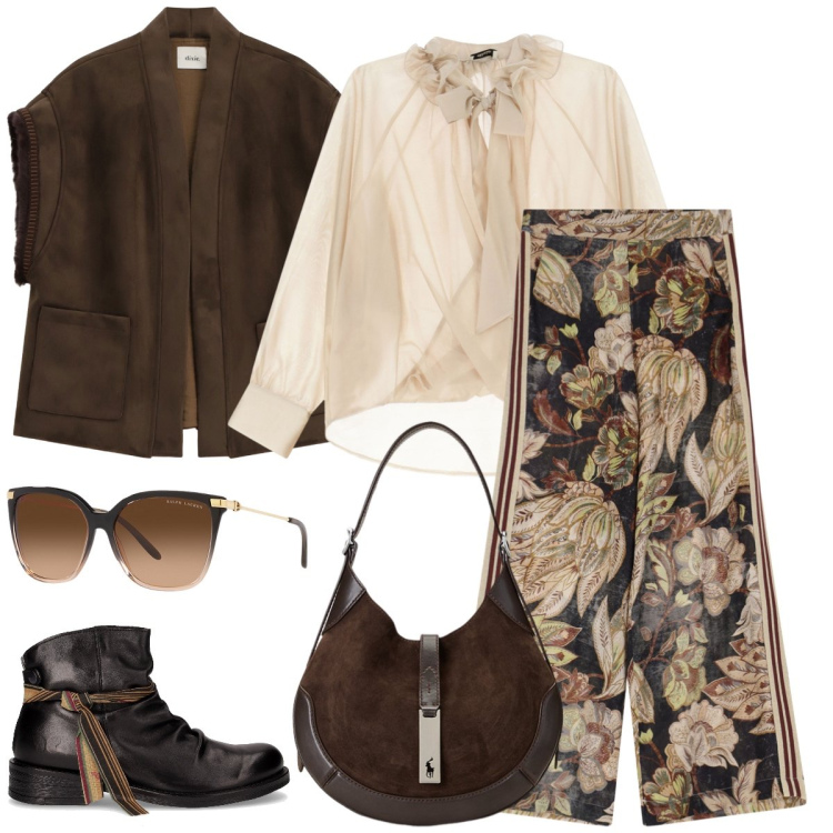Outfit donna - Tempo libero. Stile Etnico per Tutti i giorni. Abbinamento con bluse, pantaloni, gilet, occhiali da sole, borse a spalla, stivaletti chelsea.