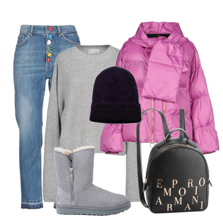 Outfit donna - Fucsia e grigio. per Tutti i giorni. Abbinamento con piumino collo tondo a maniche lunghe con zip interno imbottito in tessuto tecnico tinta unita, jeans a tubo delavé con zip tinta unita, pullover lavorato a maglia collo tondo a maniche lunghe tinta unita, cappello, stivali effetto scamosciato con zip, zaino maxi con zip oro.