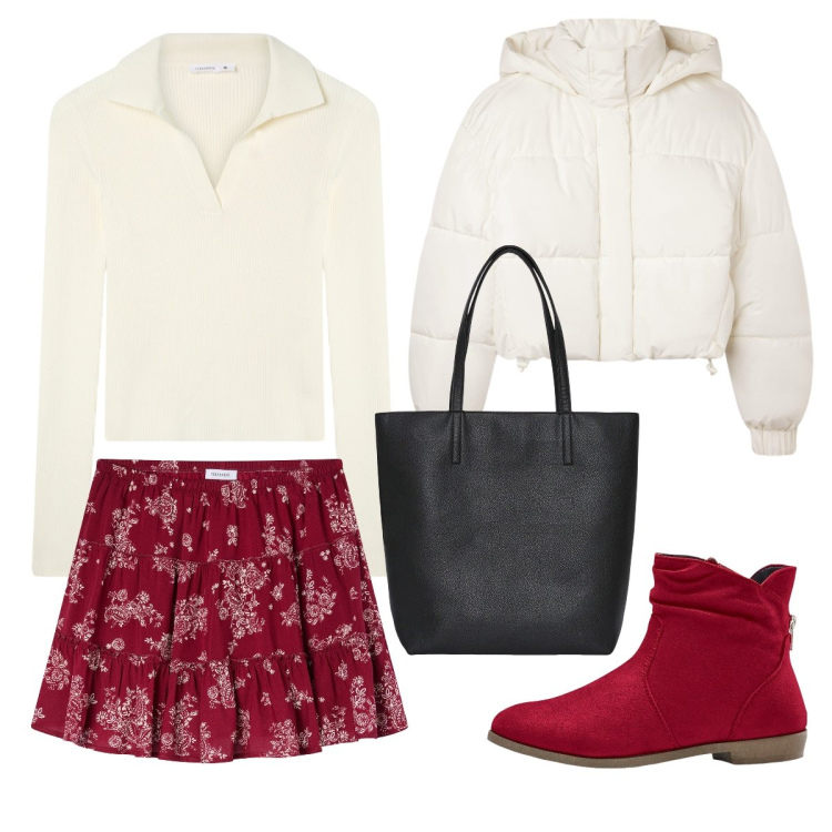 Outfit donna - La minigonna a fiorellini. Stile Trendy per Scuola/Università. Abbinamento con stivaletti, bomber, minigonne, maglieria, borse tote.