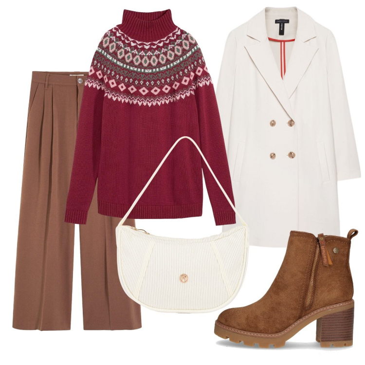 Outfit donna - Autunno Curvy. Stile Casual chic per Tutti i giorni. Abbinamento con maglieria, pantaloni, borse a mano, stivaletti, cappotti.