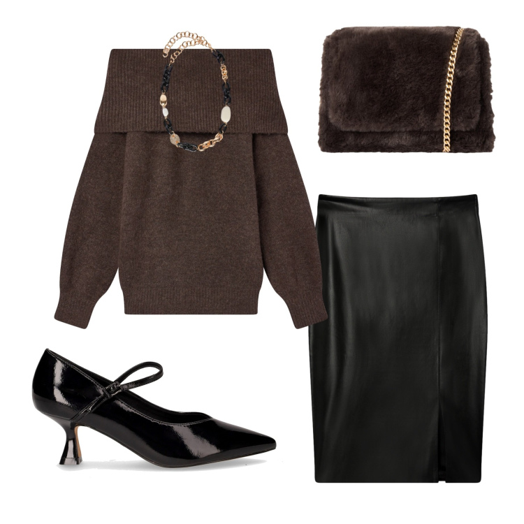 Outfit donna - Maglioni avvolgenti. Stile Casual chic per Serata fuori. Abbinamento con maglieria, gonne longuette, borse a tracolla, collane, décolleté.