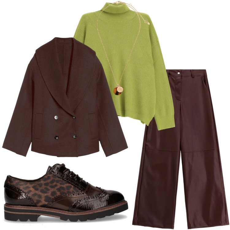 Outfit donna - Maglioni avvolgenti. Stile Casual chic per Tutti i giorni. Abbinamento con caban, pantaloni a palazzo, maglieria, collane, scarpe stringate.