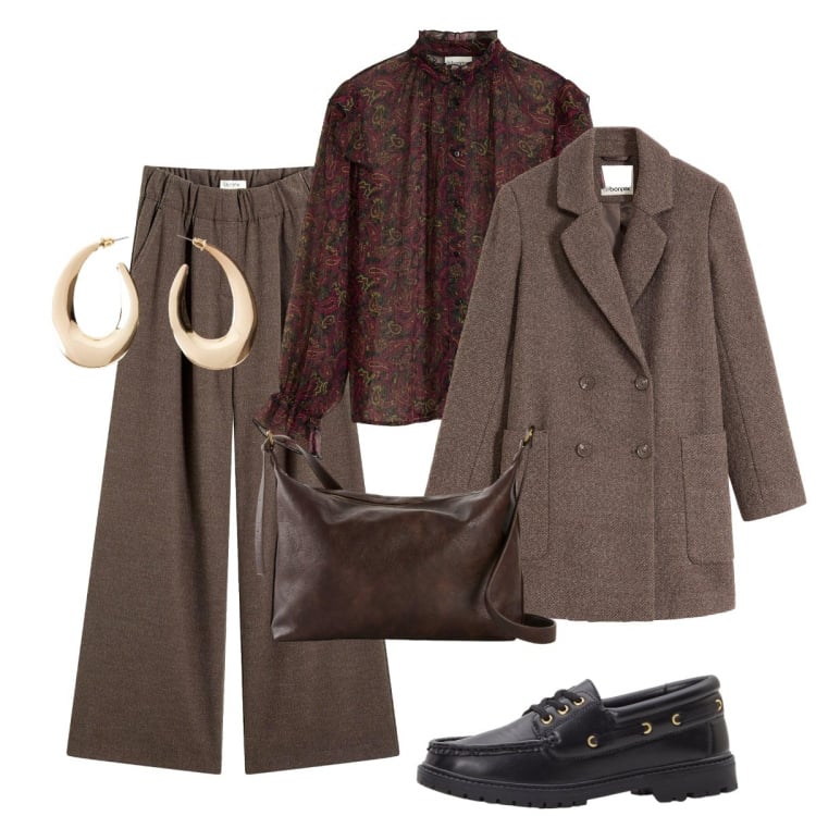 Outfit donna - Freddino improvviso. Stile Casual chic per Tutti i giorni. Abbinamento con pantaloni, camicie, cappotti, orecchini, mocassini, borse a tracolla.