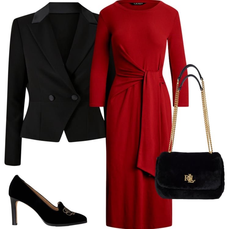 Outfit donna - Autunno in rosso. Stile Chic per Serata fuori. Abbinamento con blazer, vestiti, décolleté, borse a spalla.