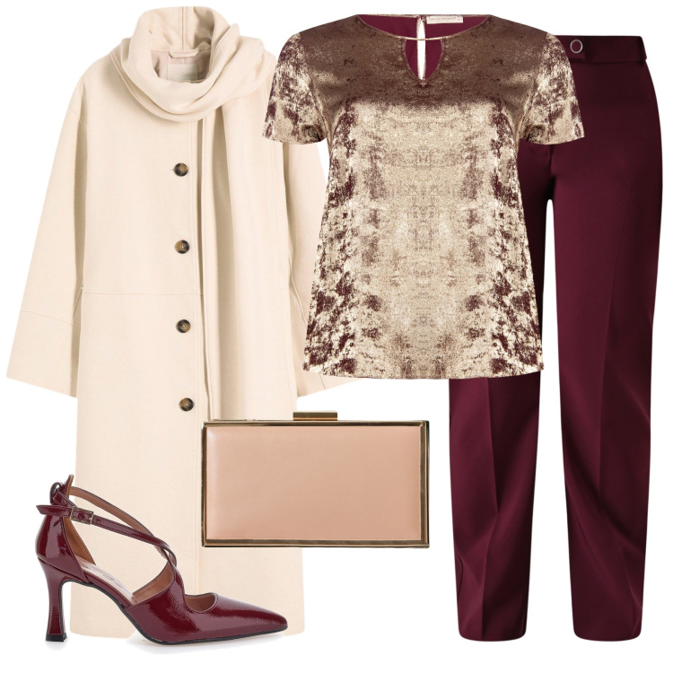 Outfit donna - Total look #2257247. Stile Chic per Serata fuori. Abbinamento con cappotti, pantaloni, bluse, pochette, décolleté.