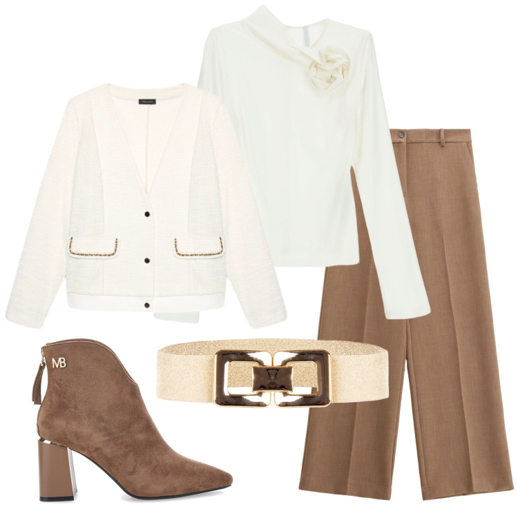 Outfit donna - Total look #2257258. Stile Chic per Tutti i giorni. Abbinamento con pantaloni, cinture, t-shirt, stivaletti, blazer.