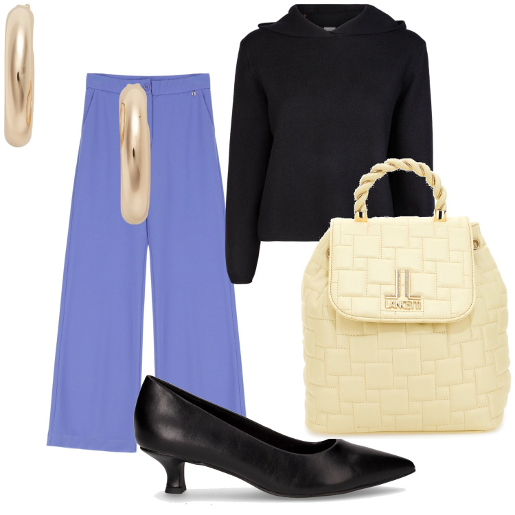 Outfit donna - Pervinca nero e lo zainetto giallo. Stile Urban per Tutti i giorni. Abbinamento con pantaloni, orecchini, maglieria, zaini, décolleté.