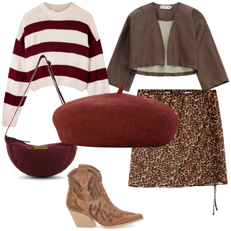 Outfit donna - Originale insieme. Stile Trendy per Tutti i giorni. Abbinamento con minigonne, maglieria, giacche, stivaletti texani, borse a tracolla, cappelli e berretti.