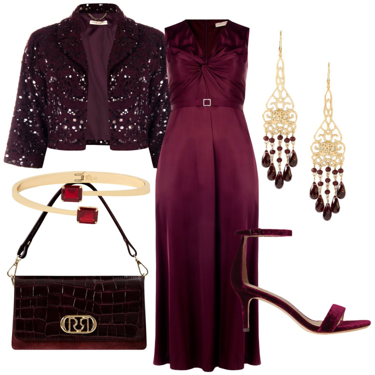 Outfit donna - In bordeaux. Stile Chic per Serata fuori. Abbinamento con vestiti lunghi, borse a mano, bolero, sandali in pelle, orecchini, braccialetti.