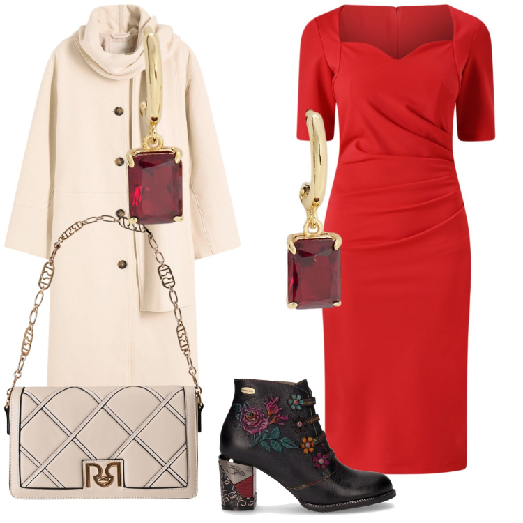 Outfit donna - Eleganza per una cena. Stile Chic per Serata fuori. Abbinamento con cappotti, borse a tracolla, vestiti a tubino, orecchini, stivaletti.
