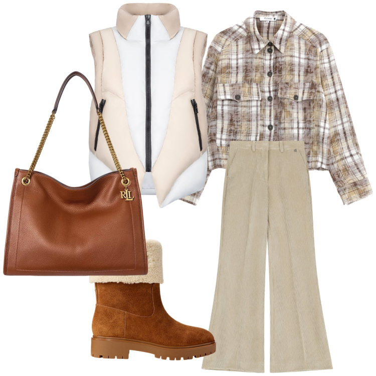 Outfit donna - Inizia il freddo. Stile Basic per Tutti i giorni. Abbinamento con camicie, pantaloni a palazzo, piumini, borse tote, stivaletti.