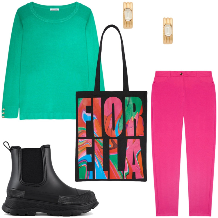 Outfit donna - Avvolgente c..o/a..lore. Stile Casual per Ufficio. Abbinamento con orecchini, stivali, maglieria, borse tote, pantaloni chino.