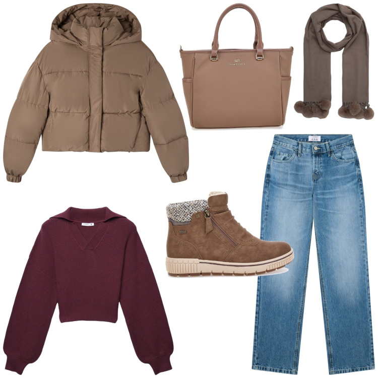Outfit donna - Quando fuori fa freddo. Stile Casual per Tutti i giorni. Abbinamento con jeans dritti, maglieria, bomber, sciarpe, stivaletti, borse a tracolla.