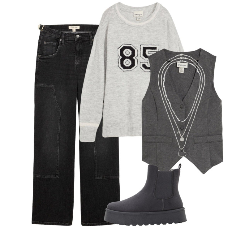 Outfit donna - Grigio lunare. Stile Urban per Tutti i giorni. Abbinamento con stivaletti chelsea, collane, maglieria, jeans, gilet.