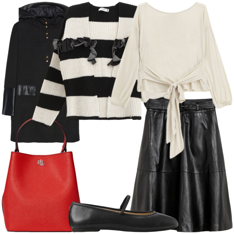 Outfit donna - Borsa rosso fuego. Stile Chic per Ufficio. Abbinamento con gonne, cardigans, top, borse a secchiello, ballerine, cappotti.