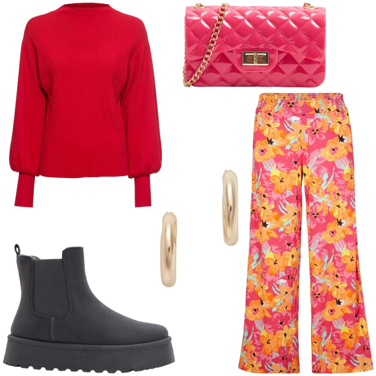 Outfit donna - Semplicemente in rosso. Stile Casual per Tutti i giorni. Abbinamento con maglieria, pantaloni a palazzo, stivaletti chelsea, borse a tracolla, orecchini.
