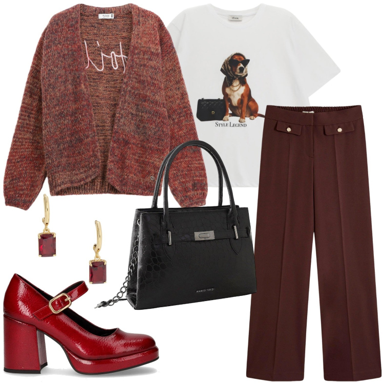 Outfit donna - Rosso... dalla testa .... ai piedi.... Stile Chic per Ufficio. Abbinamento con borse a mano, pantaloni, cardigans, t-shirt, orecchini, décolleté.