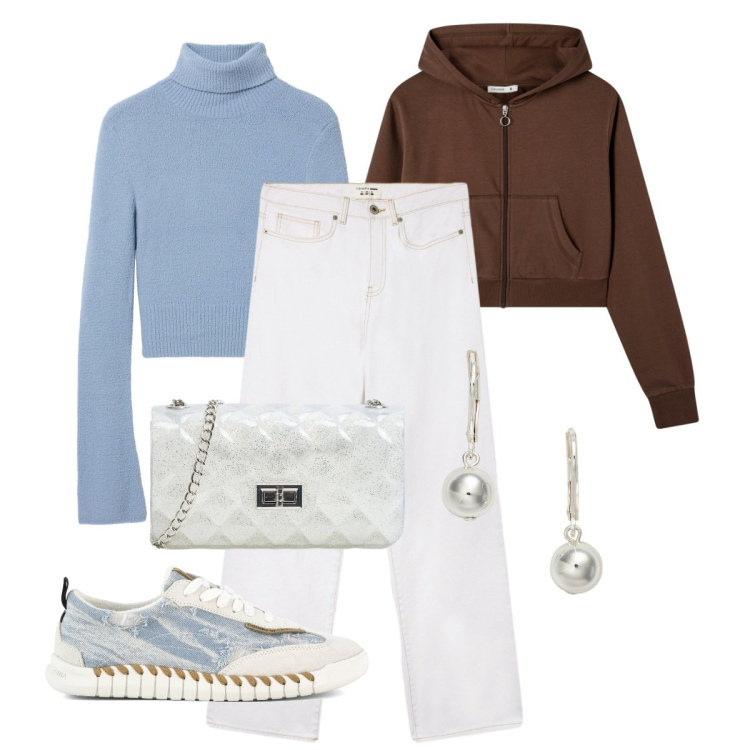 Outfit donna - Inizia il freddo. Stile Urban per Tutti i giorni. Abbinamento con borse a tracolla, jeans dritti, felpe con cappuccio, maglieria, orecchini, sneakers.
