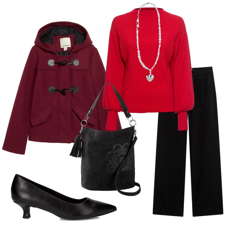 Outfit donna - Autunno in rosso. Stile Minimal per Ufficio. Abbinamento con pantaloni, maglieria, montgomery, borse a mano, décolleté, collane.
