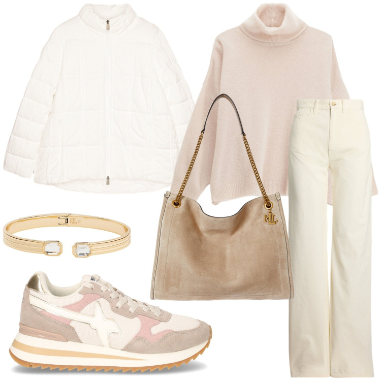 Outfit donna - Tenue. Stile Casual per Ufficio. Abbinamento con maglieria, braccialetti, borse tote, pantaloni, sneakers, piumini.