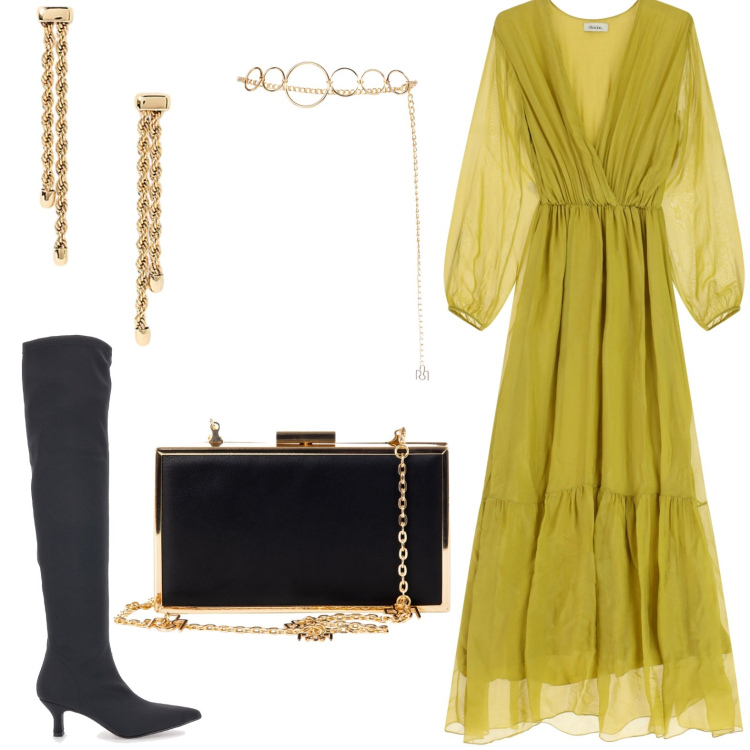 Outfit donna - Abito verde. Stile Glamour per Cerimonia. Abbinamento con cinture, pochette, vestiti lunghi, orecchini, stivali.
