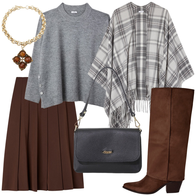 Outfit donna - Primi freddi con mantella e stivali. Stile Casual per Ufficio. Abbinamento con gonne lunghe, maglieria, cappotti, stivali sopra il ginocchio, collane, borse a tracolla.