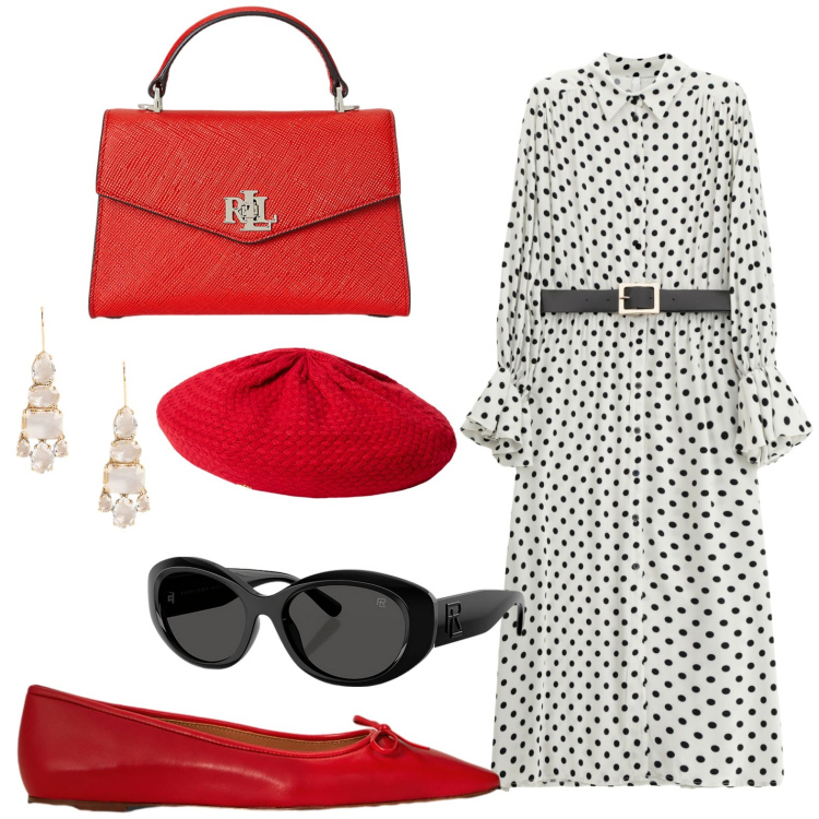 Outfit donna - Rosso e pois. Stile Chic per Serata fuori. Abbinamento con vestiti midi/longuette, occhiali da sole, borse a mano, ballerine, orecchini, berretti.