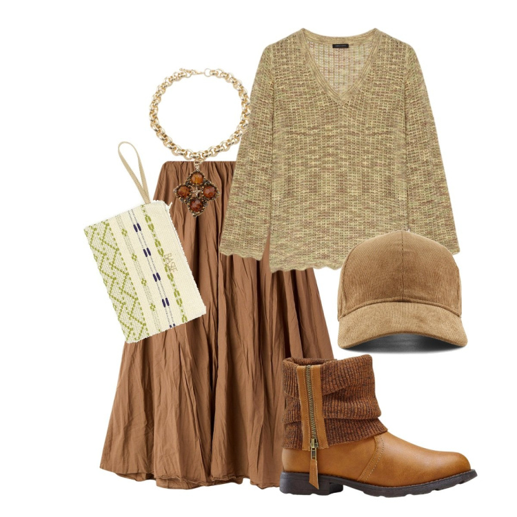 Outfit donna - Un maglioncino che mi scalda. Stile Trendy per Tutti i giorni. Abbinamento con stivaletti, gonne lunghe, collane, maglieria, pochette, cappelli con visiera.