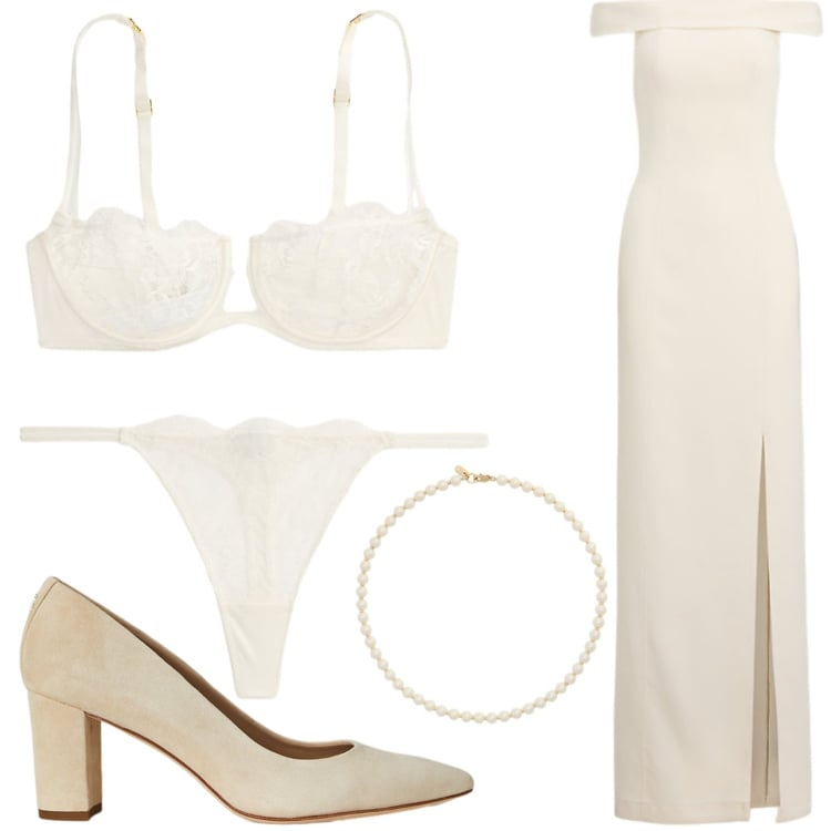 Outfit donna - Mi sposo. Stile Glamour per Cerimonia. Abbinamento con décolleté, collane, vestiti lunghi, reggiseni a balconcino, perizomi.