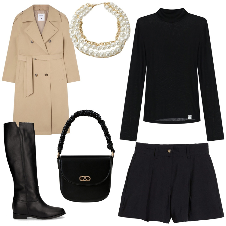 Outfit donna - Iconico trench. Stile Chic per Tutti i giorni. Abbinamento con shorts, trench, borse a mano, maglieria, collane, stivali.