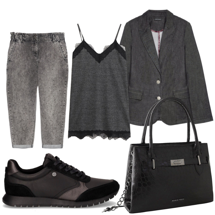 Outfit donna - Total look #2257309. Stile Urban per Ufficio. Abbinamento con borse a mano, vestiti corti, sneakers, jeans, blazer.