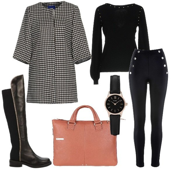 Outfit donna - Trendy #1635. Stile Trendy per Ufficio. Abbinamento con leggings, cappotto fantasia multicolore collo tondo interno foderato monopetto, pullover, borse a cartella, stivali interno foderato nero, orologio analogico con cinturino.