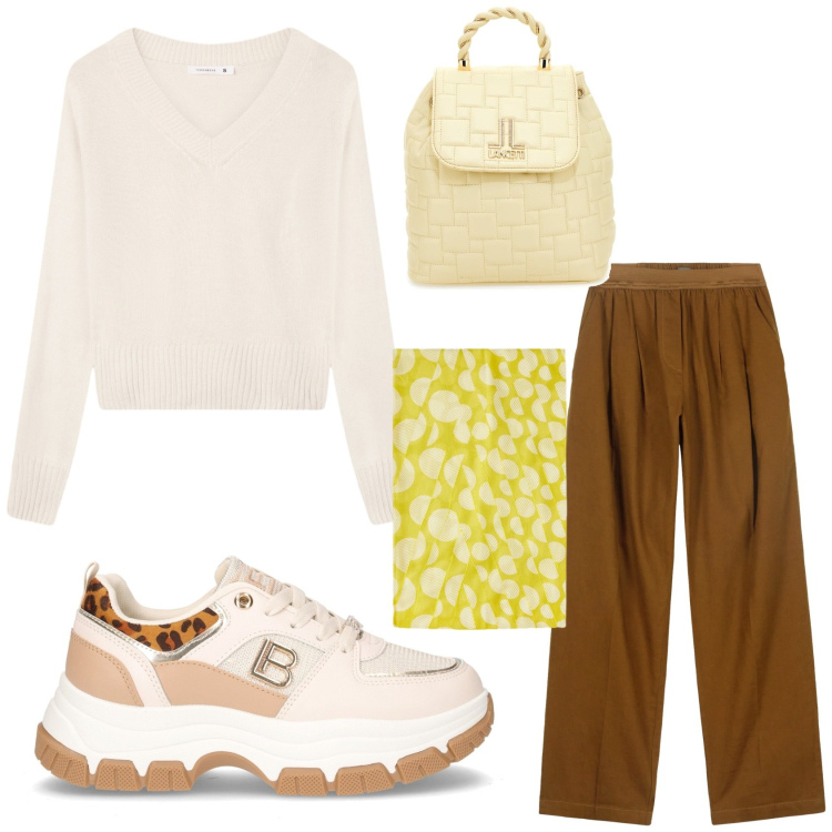 Outfit donna - Lezione all\'università. Stile Casual per Scuola/Università. Abbinamento con maglieria, pantaloni, sneakers, zaini, stole.