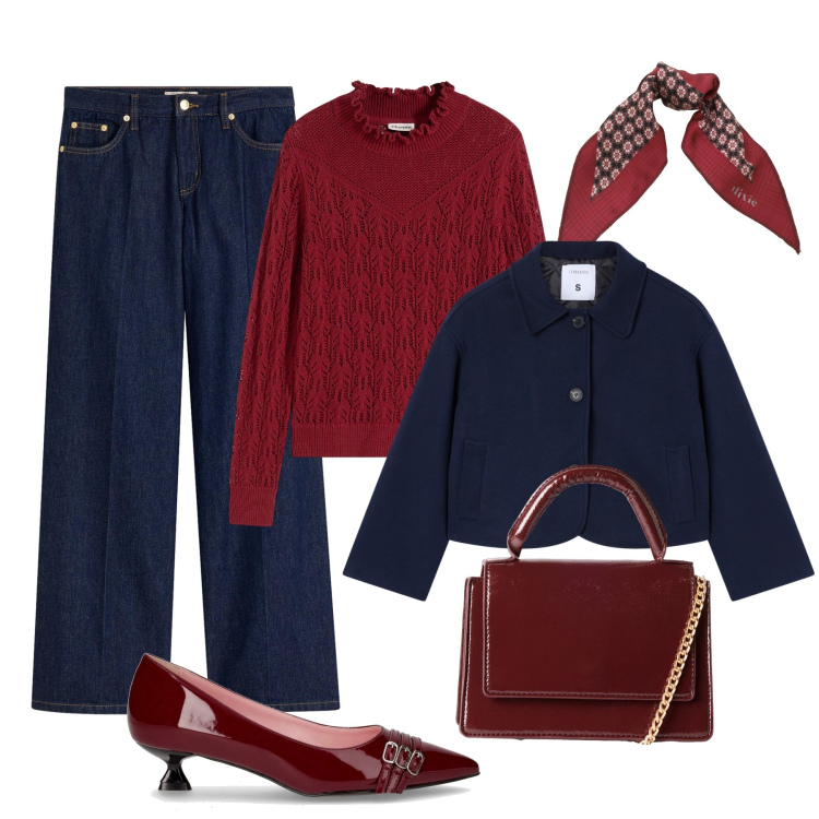 Outfit donna - Rosso prugna e bordeaux. Stile Casual chic per Tutti i giorni. Abbinamento con maglieria, jeans, borse a tracolla, blazer, foulard, décolleté.