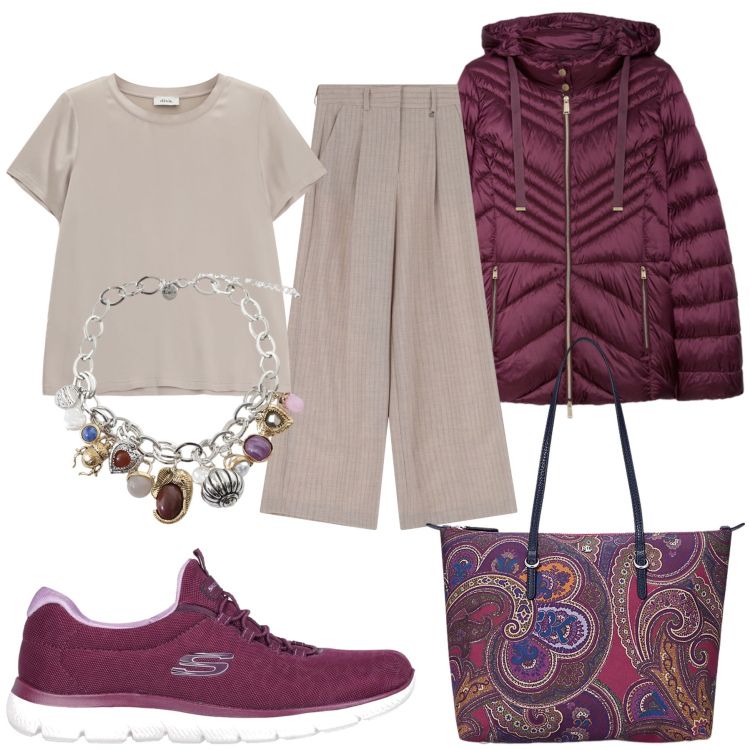 Outfit donna - Total look #2257318. Stile Basic per Tutti i giorni. Abbinamento con pantaloni a palazzo, braccialetti con ciondoli, t-shirt, borse tote, sneakers, piumini.