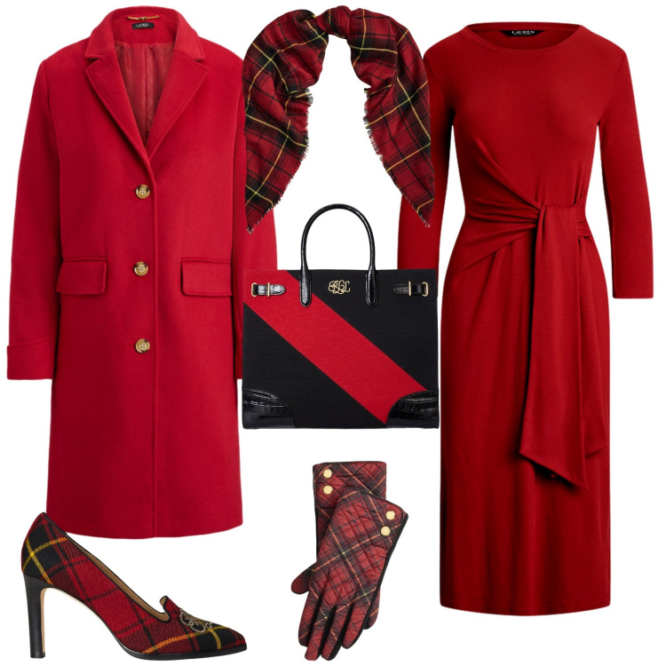 Outfit donna - Lauren rosso e scozzese. Stile Chic per Tutti i giorni. Abbinamento con vestiti, guanti, décolleté, sciarpe, borse tote, cappotti.